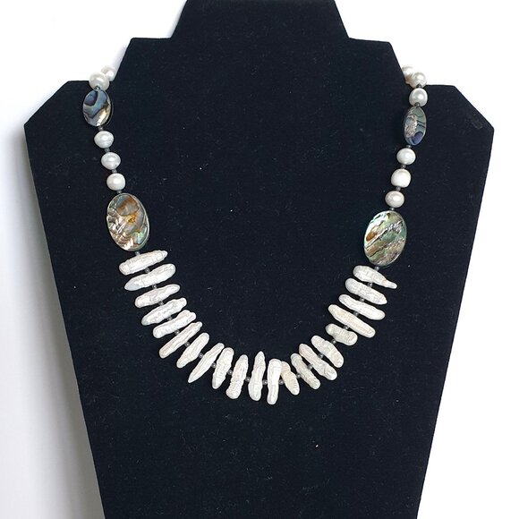 Vintage Genuine White Stick Pearl & Abalone Necklace with 925 Silver Clasp - Picture 8 of 12